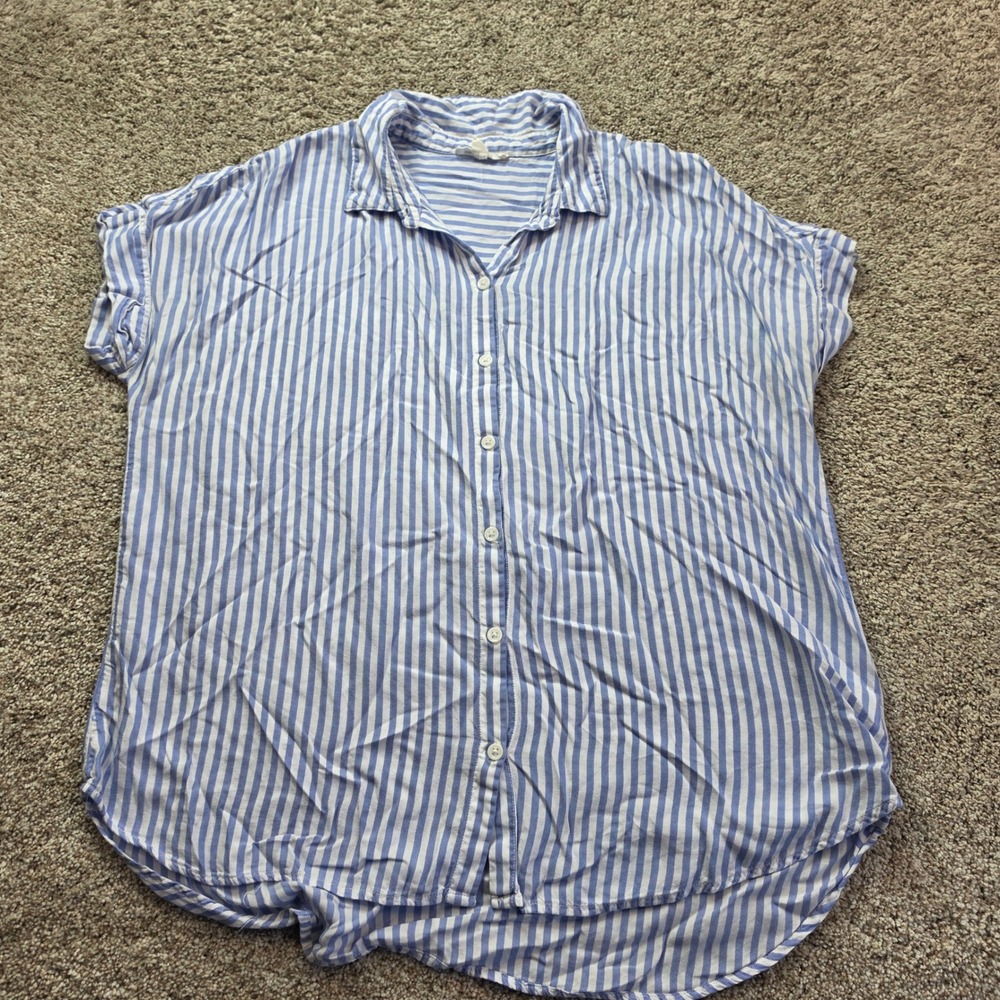 beachlunchlounge Striped Button Down Shirt Womens Large Blue White Short Sleeve